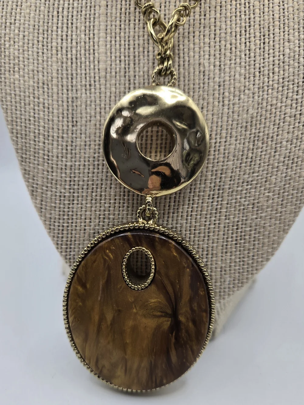Chico's Goldtone Chain Reversible Leopard Animal Print Tiger's Eye Pendant READ*